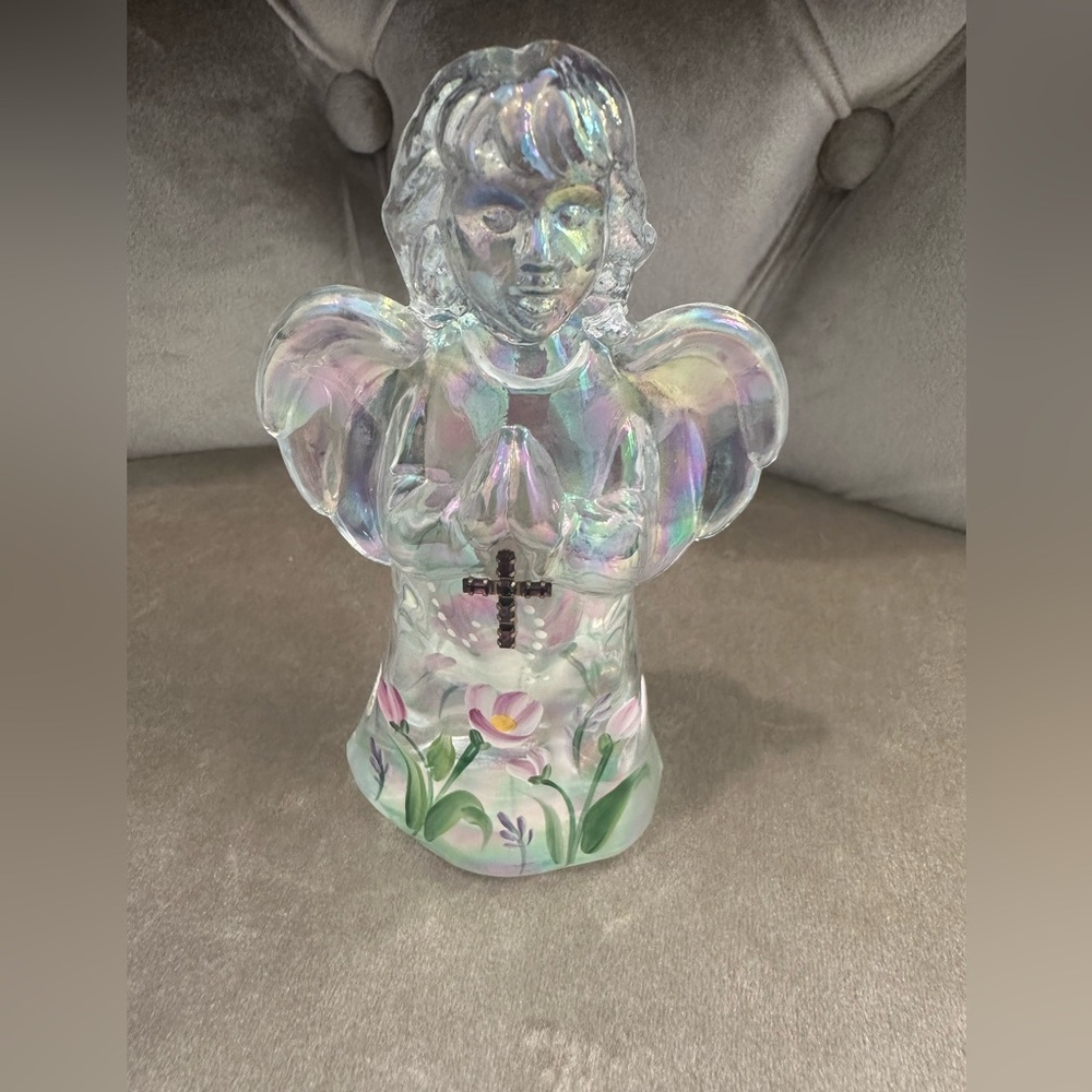 Fenton Angel Iridescent Jewel Cross Hand Painted Flowers 4.75" Art Glass 2005